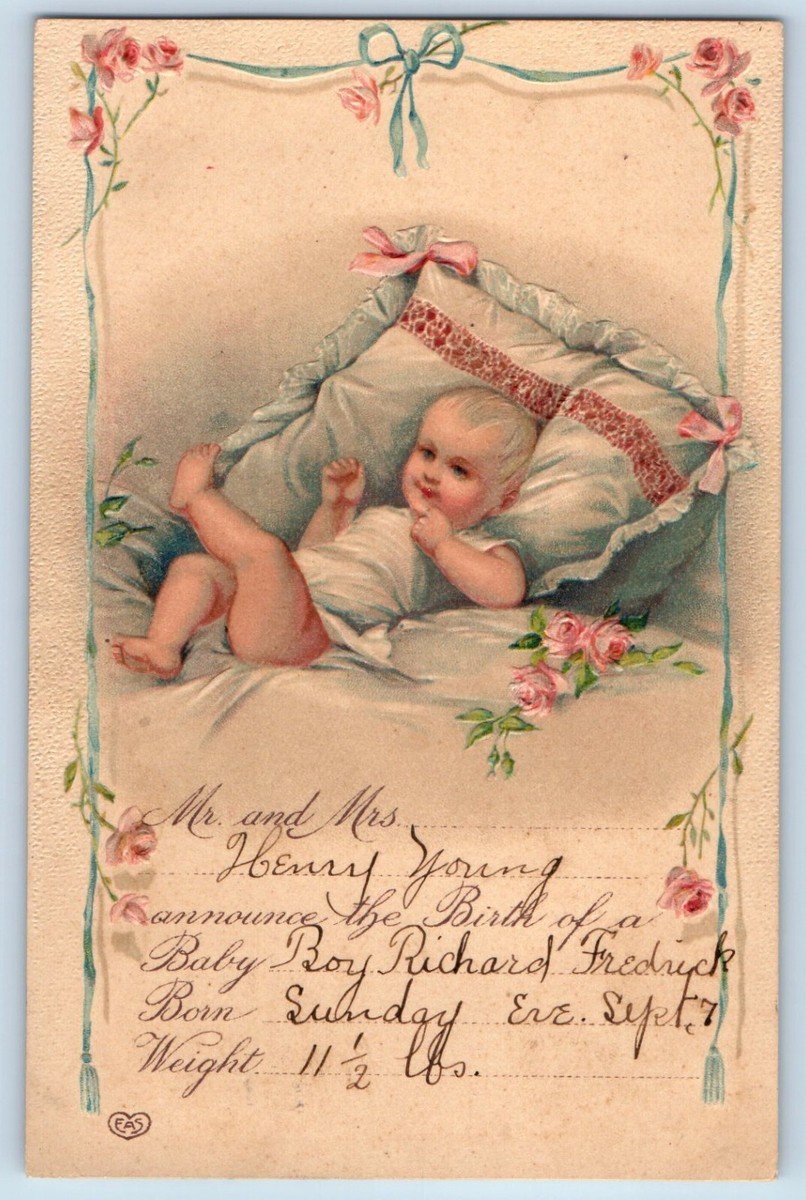 Cute Baby Postcard On The Bed Roses Flowers Embossed c1910's