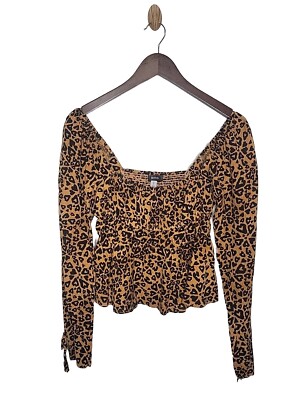 URBAN OUTIFTTERS SZ M AVA BROWN MULTI ANIMAL CAT PRINT SMOCKED LS CHEETAH BLOUSE