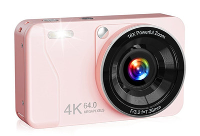 Pink Small Digital Camera, 4K 64MP, 18X Zoom, P&S with 64GB SD Card 2 Batteries