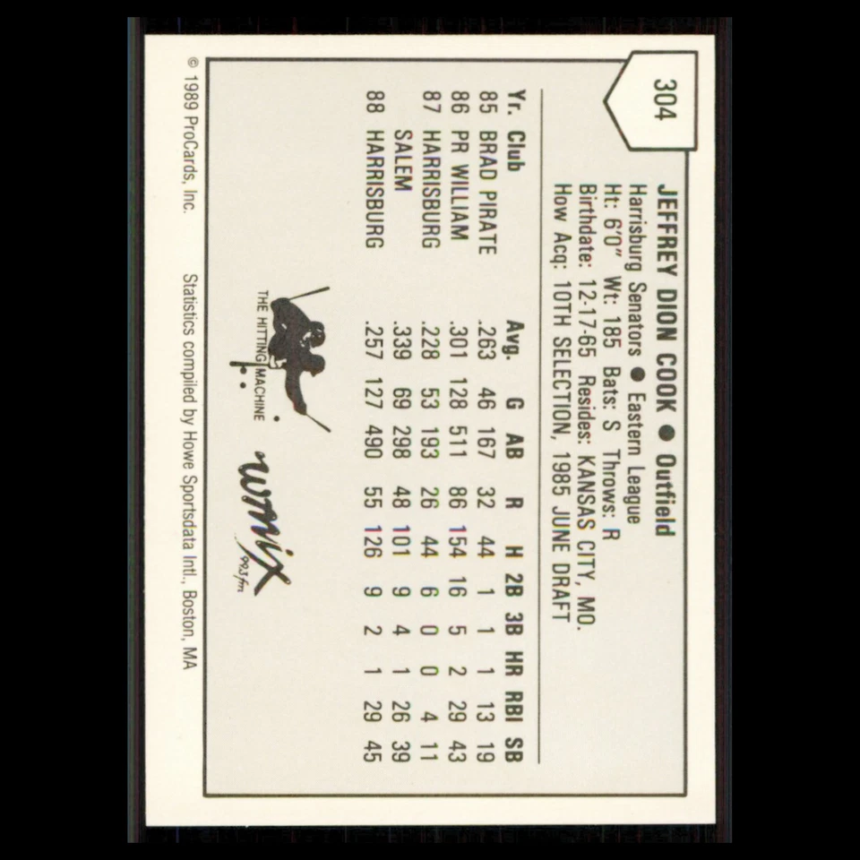 Jeff Cook #304 1989 ProCards Minor League Team Sets Harrisburg Senators Baseball - Image 2 of 3