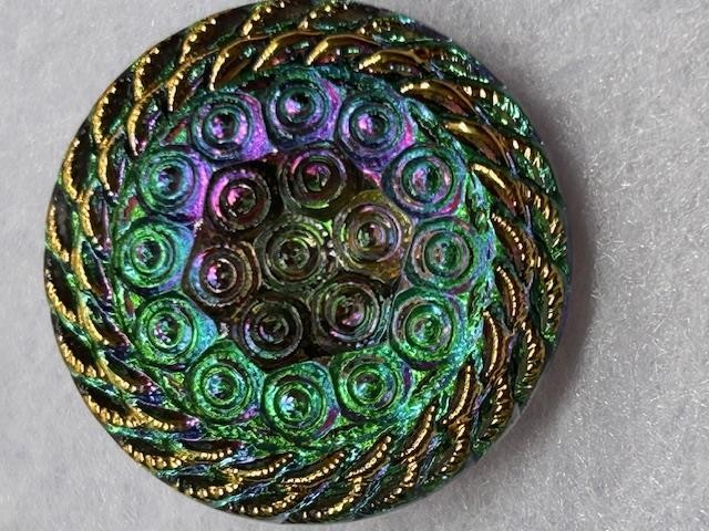 STUNNING LARGE GREEN PINK GOLD LUSTER VINTAGE BOHEMIAN CZECH GLASS BUTTON