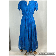 PRETTYGARDEN Maxi Eyelet Dress Sz Medium Bright Blue Short Sleeve Lined Tiered
