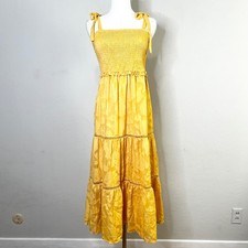 Lulus Midi Dress Float to Love Yellow Jacquard Smocked Tie Strap Size Medium