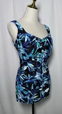 Le Cove One Piece Swimsuit Size 14 Floral Ruched Purple Black Blue Retro Vintage
