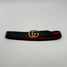 Auth Gucci Web BLUE/RED Canvas Black Leather Gold Double G Buckle Belt 75/30