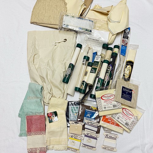 Cross Stitch Supply Large Lot - 14ct Aida, towels, ribbon, duffle bag