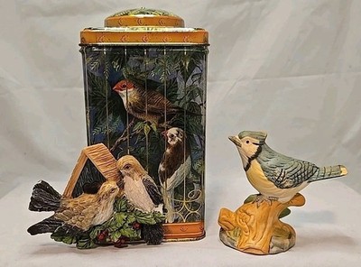 Vintage Tin Container Bird Cage.Blue Jay Figurine. Magnetic Birds & Birdhouse 