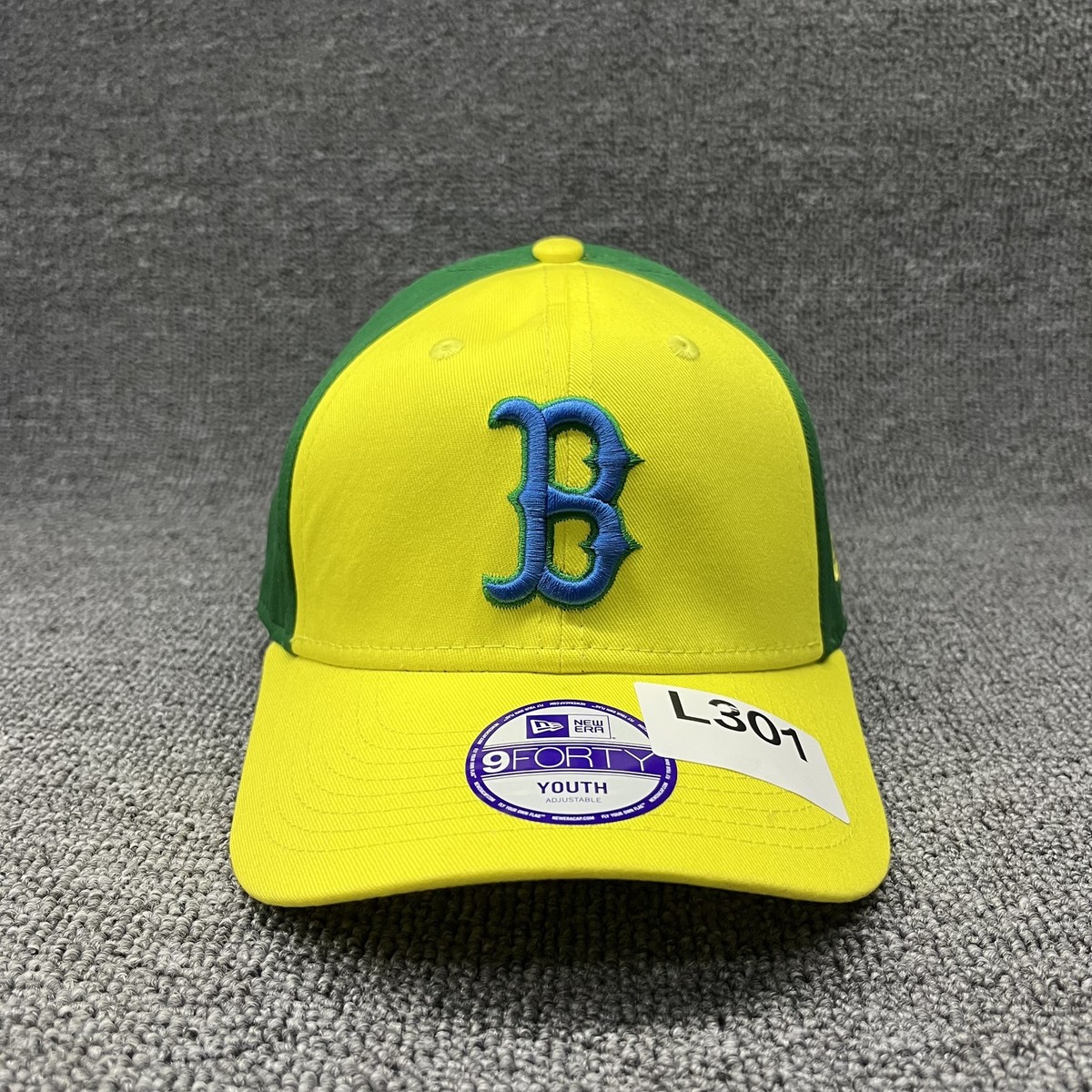 New Era 9FORTY Youth MLB Boston Red Sox B Logo Hat Yellow Green Adjustable