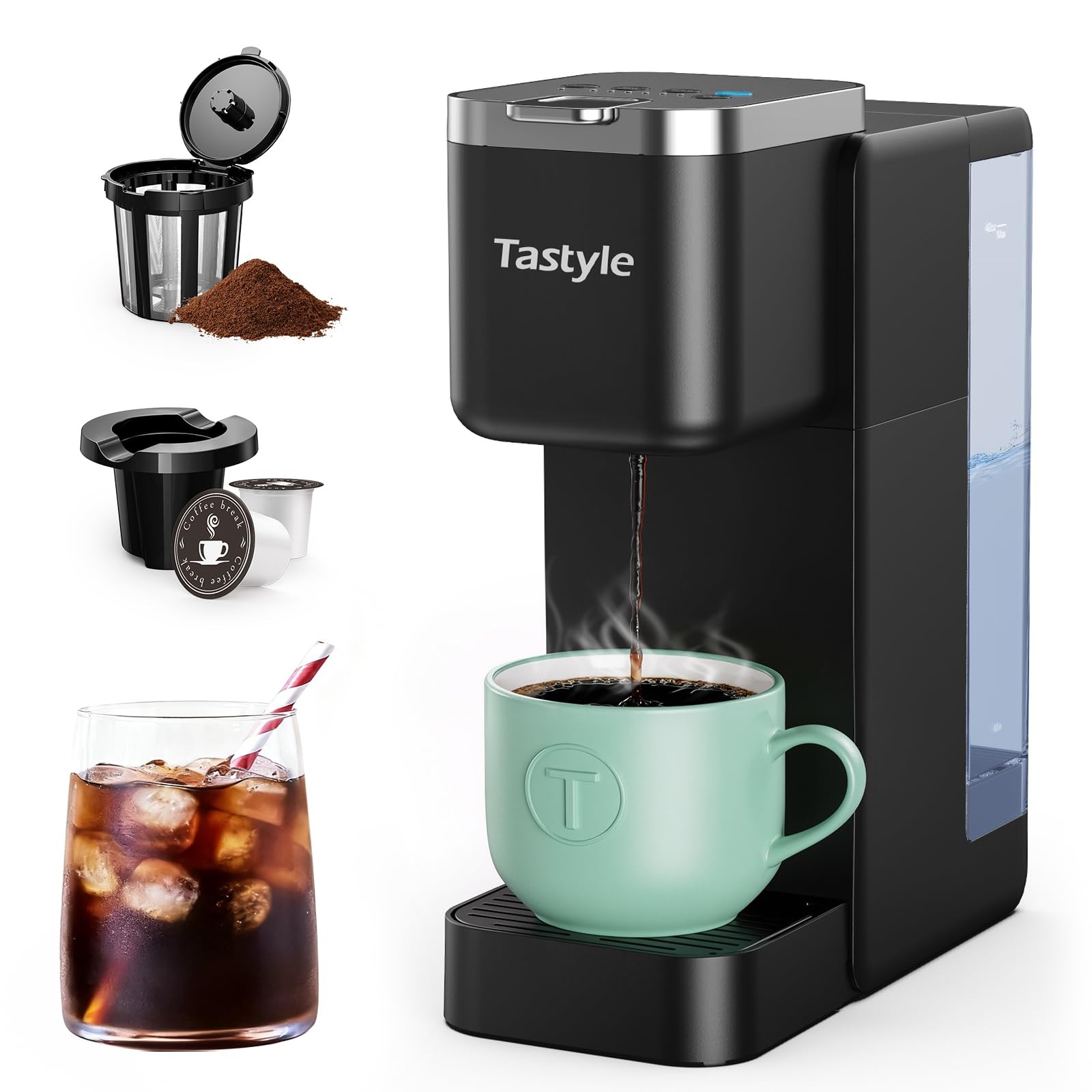 Single Serve Coffee Maker, Iced and Hot Coffee Machine for K Cup & Grounds, C...