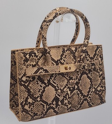Sandstone Python Crossbody Top Handle Bag with Gold Accents and Chic Structured