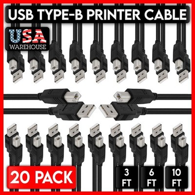 USB 2.0 Printer Cable 20 Pack Scanner Cord Dell Canon HP Lexmark Brother Epson