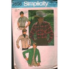 Vintage Simplicity 7698 Mens Western Shirt Sewing Pattern Size 38 Retro 1970s