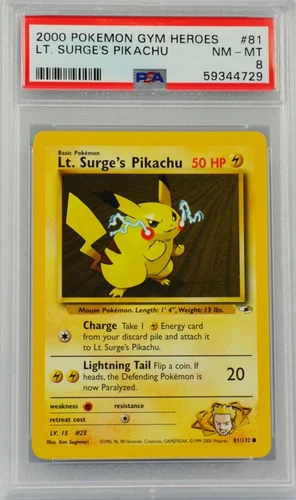 2000 POKEMON GYM HEROES LT. SURGE'S PIKACHU #81 PSA 8 🔥
