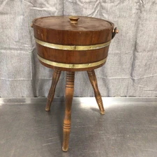 Vintage Wood Barrel Style 3 Leg Sewing Table Basket With Lid & Handle MCM