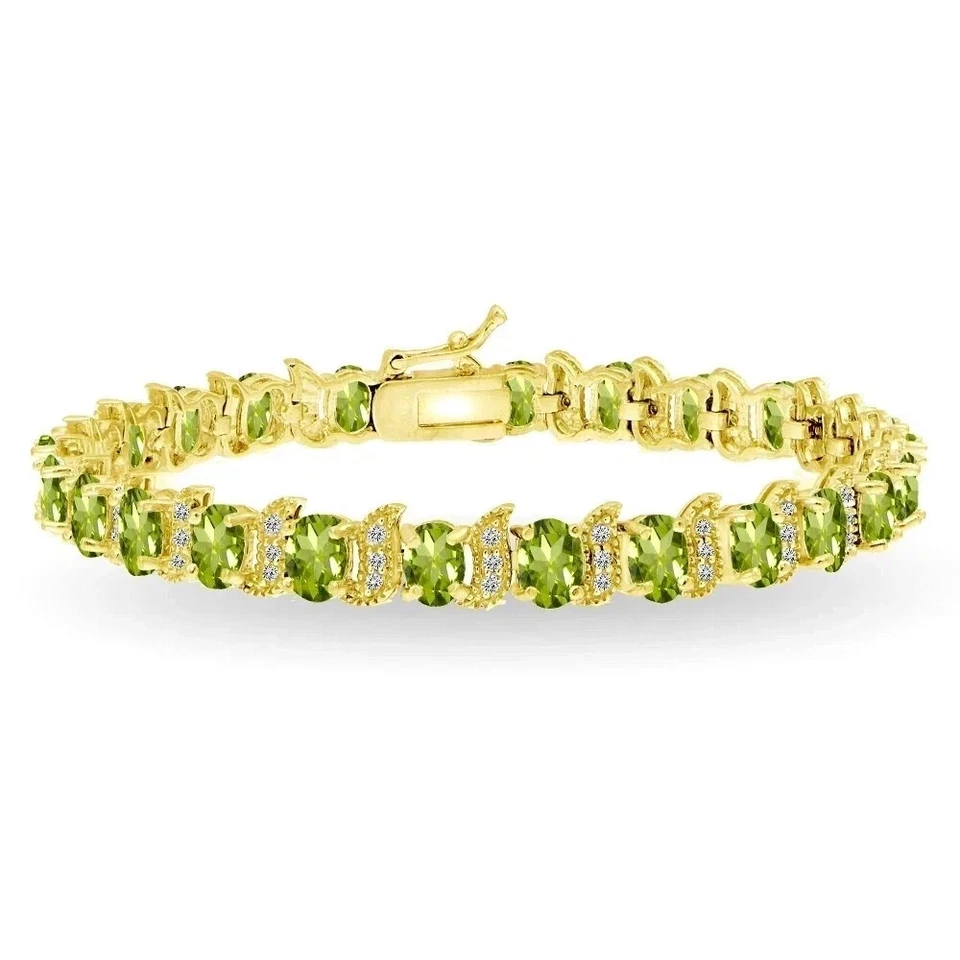 7CT Oval Cut Lab Created Peridot Women's Tennis Bracelet 14K Yell Gold Plated 7" - Image 4 of 4