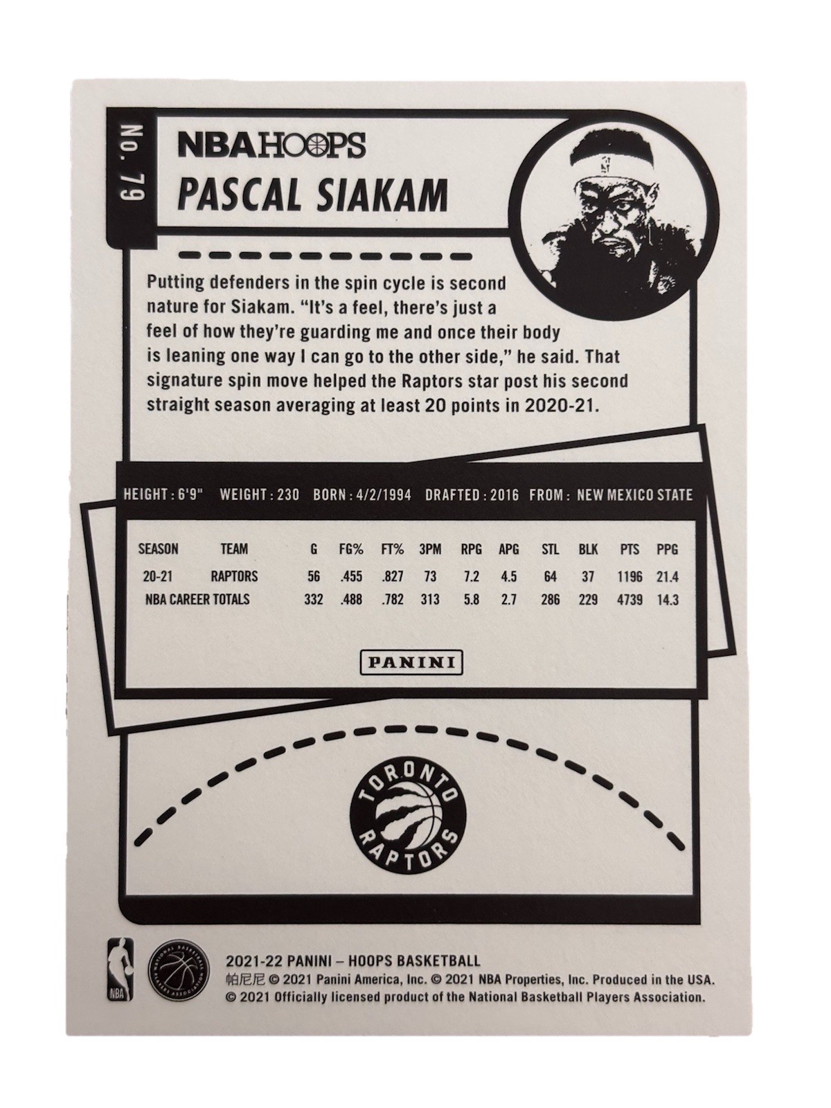 Excellent: 2021-22 HOOPS Pascal Siakam Toronto Raptors Trading Card