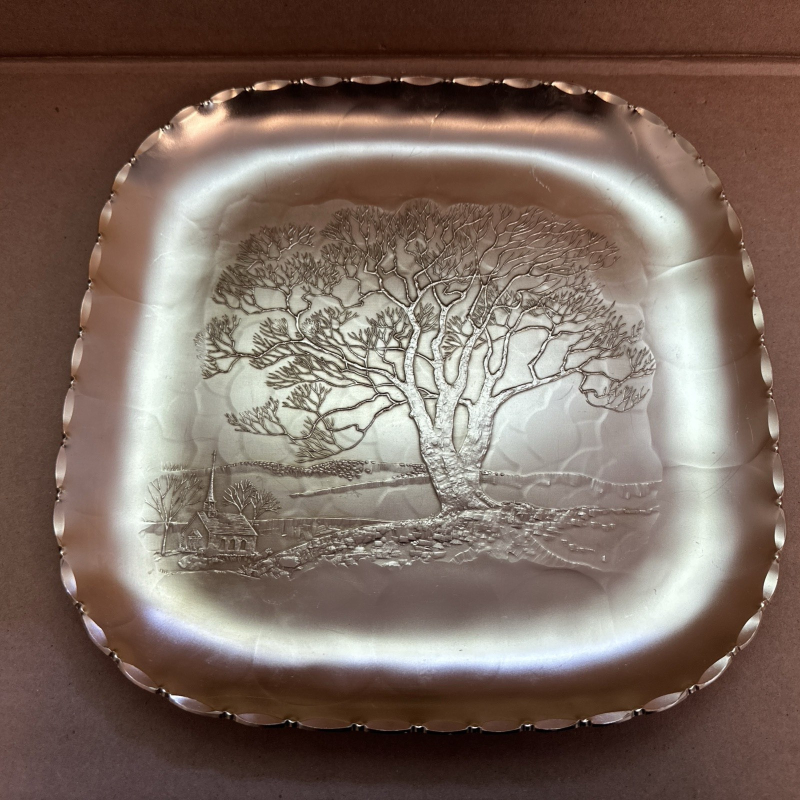 Arthur Armour Hammered Aluminum Gold Tray Tree Church Scene 11-5/8" x 11-5/8"