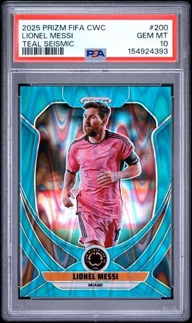 2025 Prizm CWC Lionel Messi Teal Seismic #200 31/49 PSA 10 view 1