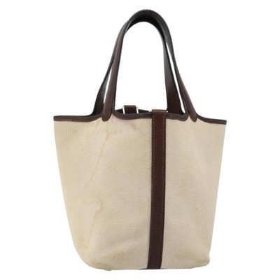 HERMES Toile H Picotin PM Bag Canvas Leather Beige Brown Silver Auth bs29741