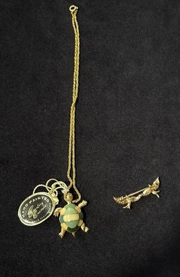 Eisenberg Vintage Enamel Turtle Pendant Necklace & Leaf Brooch Lot