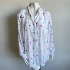 NWT Crown & Ivy Women's Palm Tree Print Button Down Tunic Shirt White Plus 1X