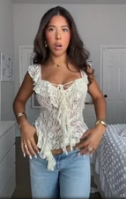 Zara Ruffled Semi Sheer Lace T-Shirt Top Light Yellow Size S M L 1131/355 New