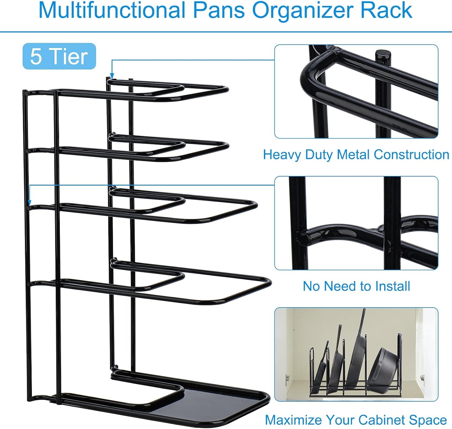 Toplife Heavy Duty Pan Organizer, 5 Tier 10.5"(L) x 7.5"(W) x 15.6"(H), Black 