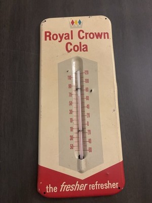 Vintage 13'' x 6'' Metal Royal Crown Cola RC Thermometer Sign Soda Fresher Refresh