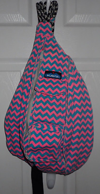 KAVU Rope Sling Crossbody Backpack Canvas Bag Blue Pink Chevron Zig Zag Pattern
