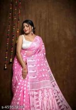 Indian Women Cotton Dhakai Jamdani Saree Without Blouse Festive Party Wear Sari