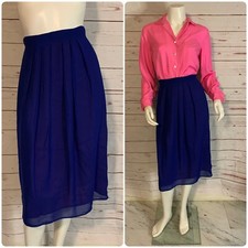 Vintage 70s Pleated Blue Midi Skirt Chiffon Double Layer XS W-24"