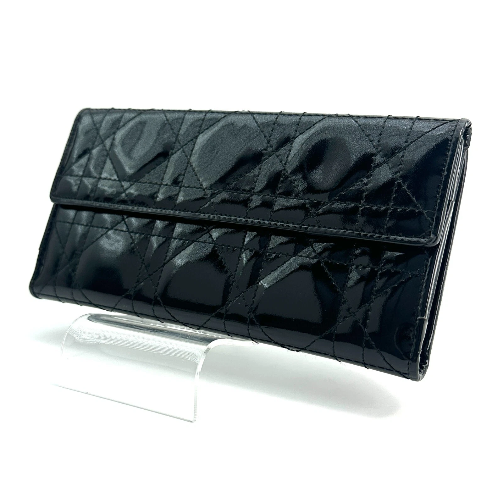 Portefeuille Christian Dior cuir verni émaillé cannage matelassé authentique