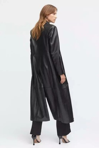 Women Trench Over Coat Black Handmade Genuine Lambskin Leather Stylish Casual - Picture 2 of 5