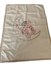Vintage Embroidered Baby Sheet Sleepyhead Bear Moon and Stars pink border 24x34