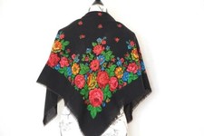 Black wool shawl with floral Vintage Ukrainian traditional folk scarf Bandana