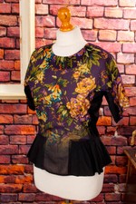Vintage Blouse Purple Black Floral Chiffon Rockabella S