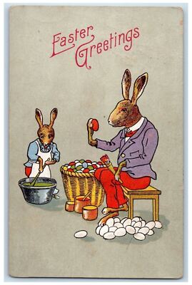 Easter Greeting Anthropomorphic Rabbit Egg Painting Fowler IN Antique Postcard