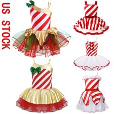 US Girls Christmas Tutu Dress Shiny Metallic Dancewear Santa Elf Dress Costumes
