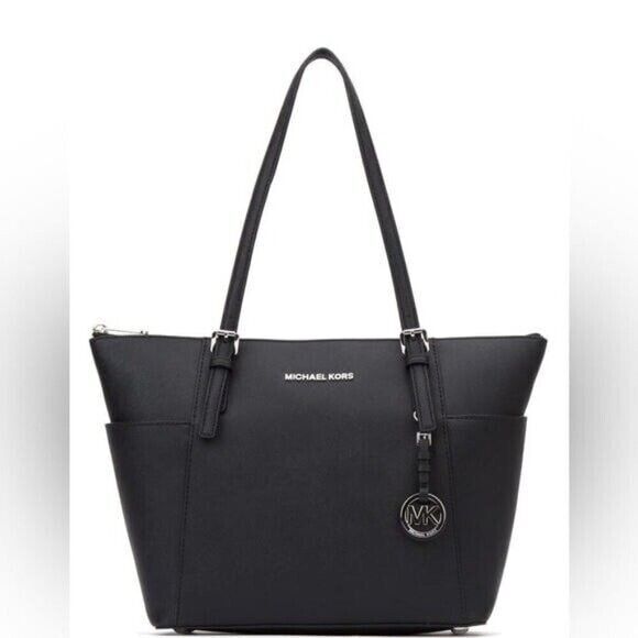 Michael Kors Jet Set East West Silver Tone Logo Charm Tote Bag, purse black