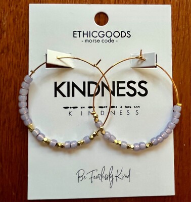 Ethic Goods Morse Code KINDNESS Beaded Earrings Hoops NWT 2'' Lavender w Gift Box