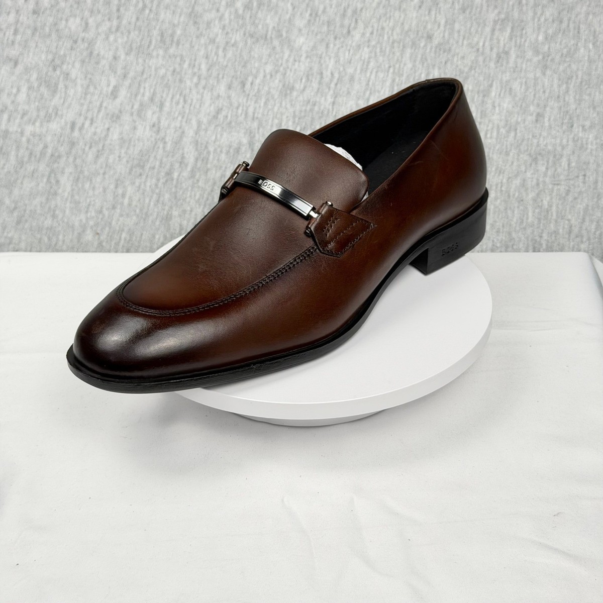 Men\'s Dark Brown Leather Slip-On Loafers with Metal Bit BOSS - Leather loafers with branded metal trim - Dark Brown main image 4