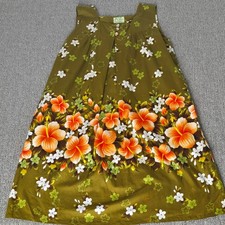 Vintage 60s Ui-Maikai Hawaiian Maxi Dress Cotton Hibiscus Tiki Muumuu Olive USA