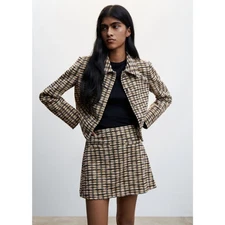 MANGO Check Tweed Jacket Women's S Brown Yellow Cream Preppy Office Crop NWT