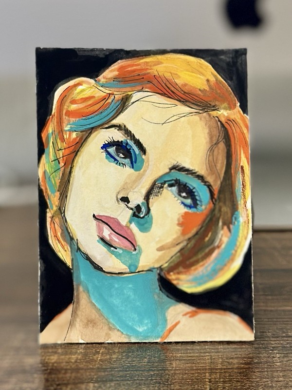 Original ACEO ATC Painting | Beauty w Neon Blue Lighting | Portrait Art @gkehart