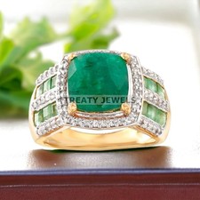 Emerald Cushion Cut With 14k Yellow Gold Ring...