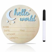 Baby Announcement Sign, 5.9 Inch Wooden Hello World Newborn Signs, Birth