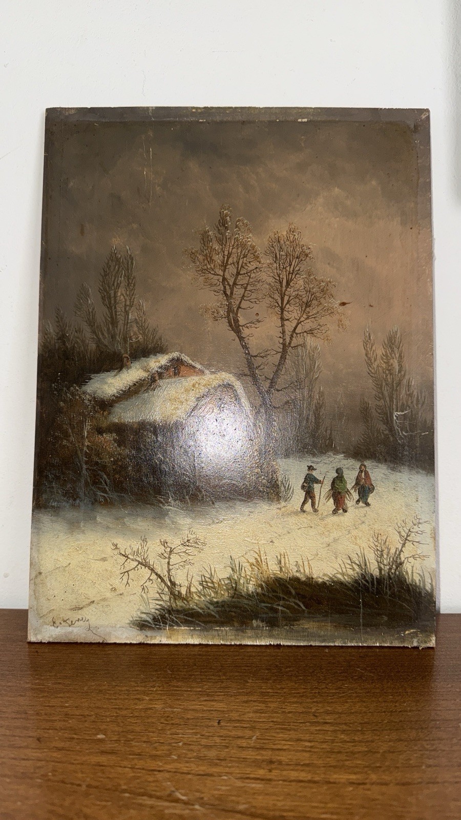 Antique Painting Hsp Landscape Winter Animated Scene 19th Century Signed To Identify?