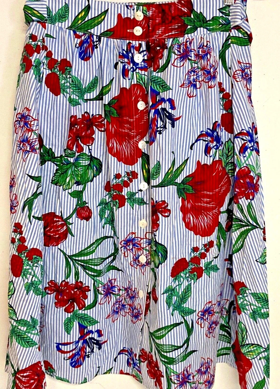 Philosophy SKIRT Bold FLORALS on Stripe Background Button Front Tie Back Size SM