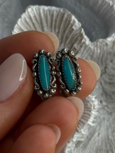 Vintage 925 Sterling Silver Turquoise Clip-On Earrings Length 0.60 Inch - Picture 3 of 5