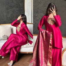 Stylish Look Malay Satin Silk Pink Palazzo Suit With Dupatta For Ethnic wear